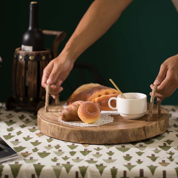 Wood Round Tray Serving Platter Board with Rope Handles