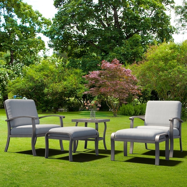 5Piece Aluminum Patio Conversation Set with End Table，Ottoman and Light Gray Cushions