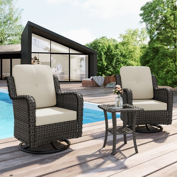 Outdoor 3 Pieces Rattan Wicker Bistro Set Swivel Rocker With Cushion and Table