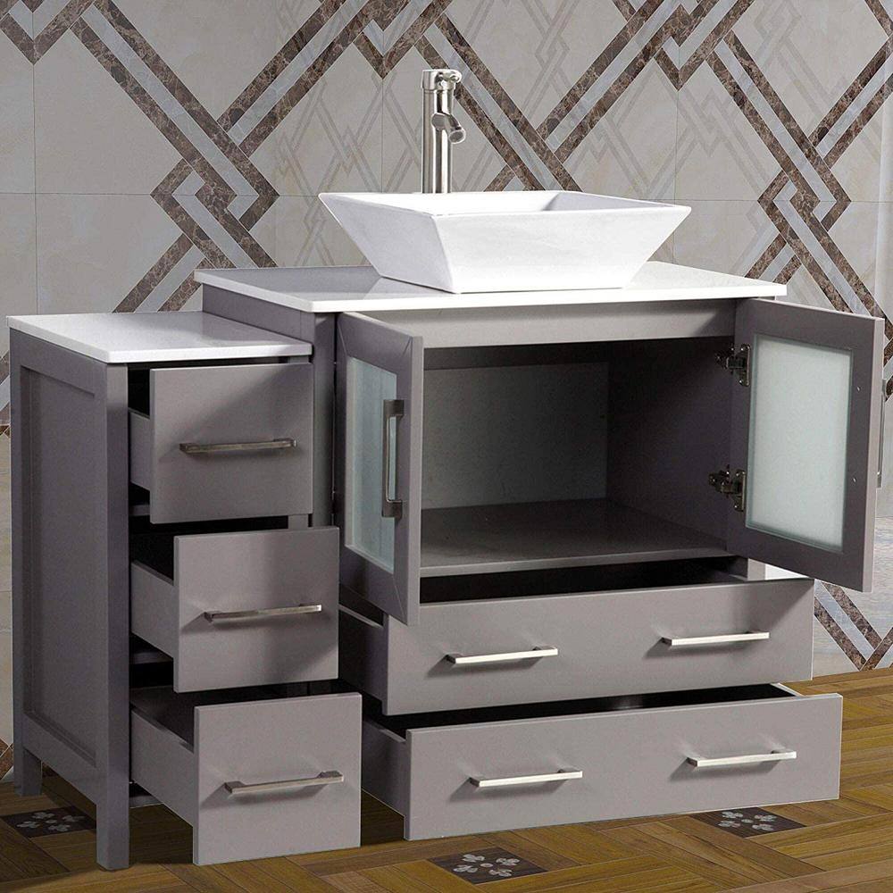 Vanity Art Ravenna 42 in. W Bathroom Vanity in Grey with Single Basin in White Engineered Marble Top and Mirror VA3130-42G