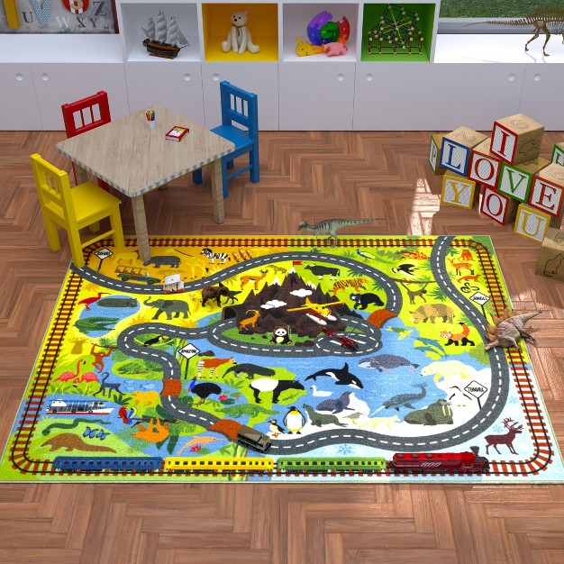 Kc Cubs Boy amp Girl Kids Animal Safari Car Vehicle Traffic Road Educational Learning amp Game Play Nursery Bedroom Classroom Rug Carpet