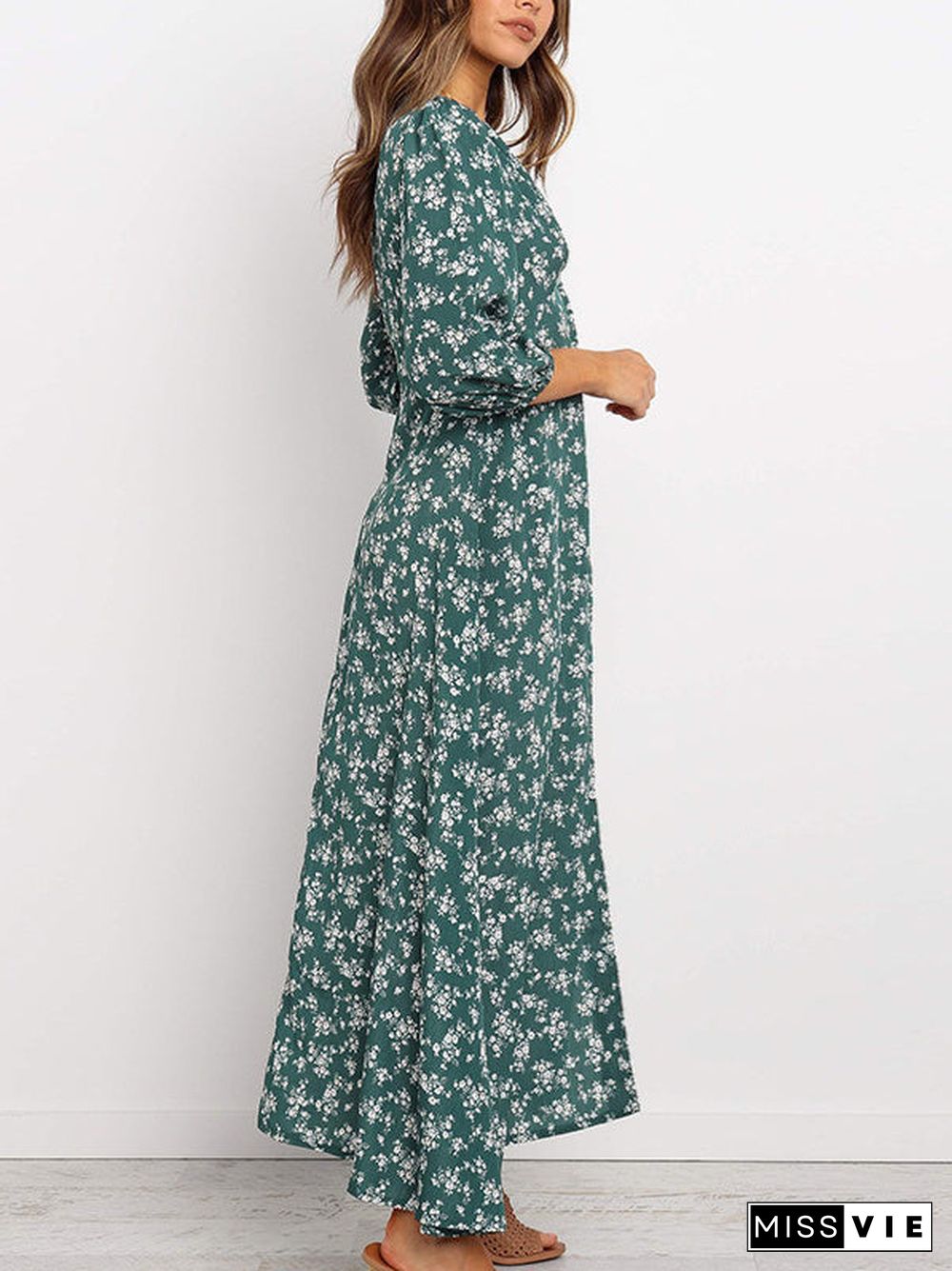 Women's Long Sleeve V-neck Floral Printed Midi Dress