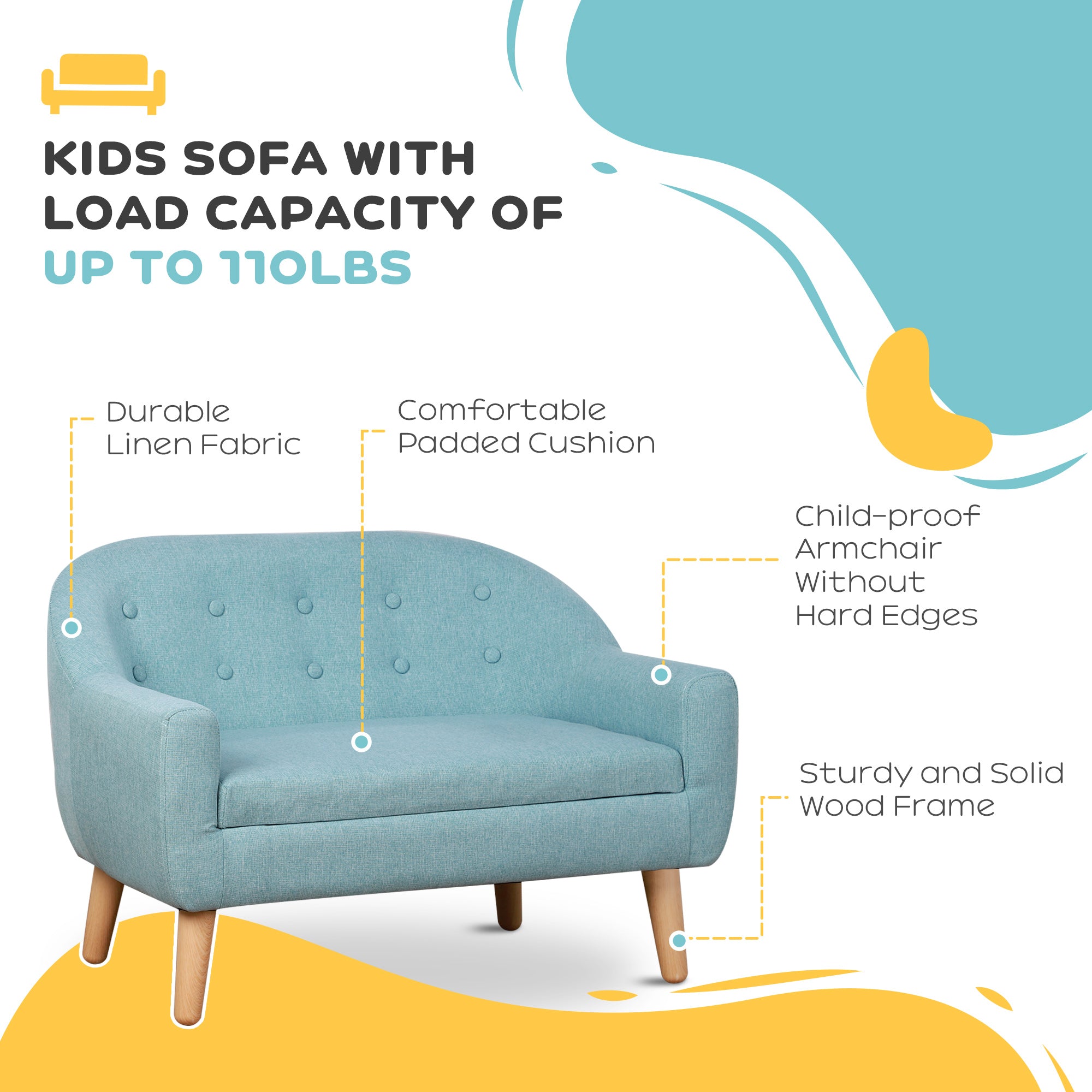 Qaba Toddlers Sofa Soft Seat Wooden Comfortable Kids Gift Blue