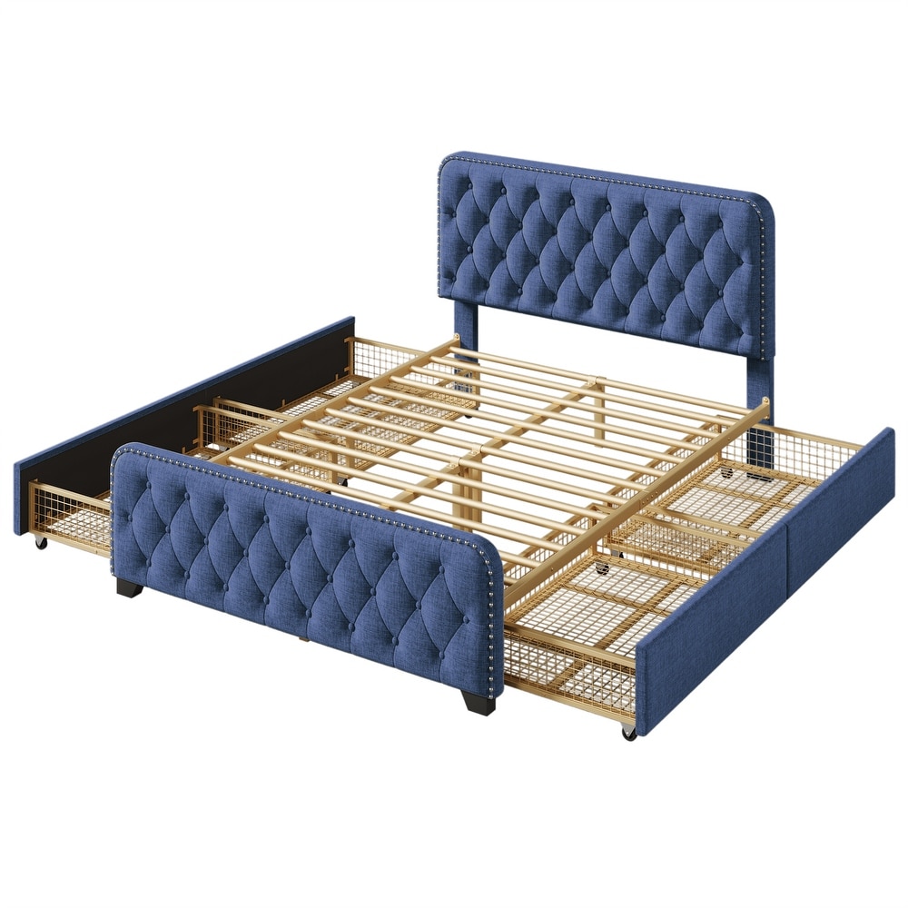 Full Upholstered Platform Bed Frame with Storage Drawers