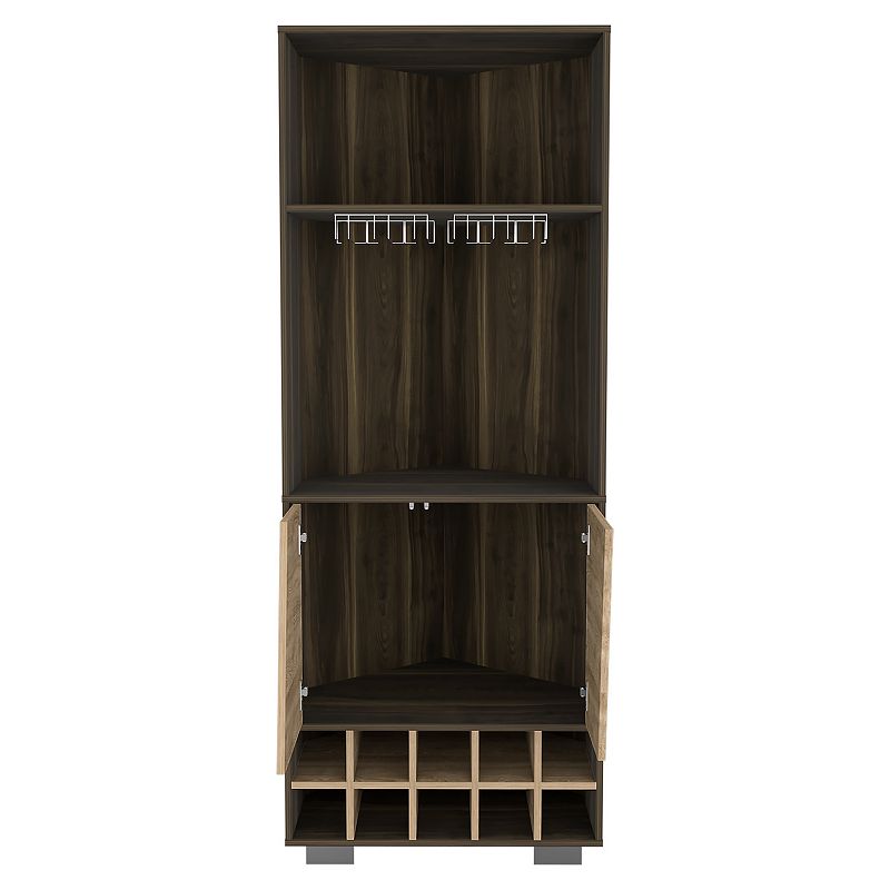 DEPOT E-SHOP Nassau Corner Bar Double Door Cabinet， Ten Built-in Wine Rack， Two Shelves， One Interior Shelf， Dark Oak / Pine