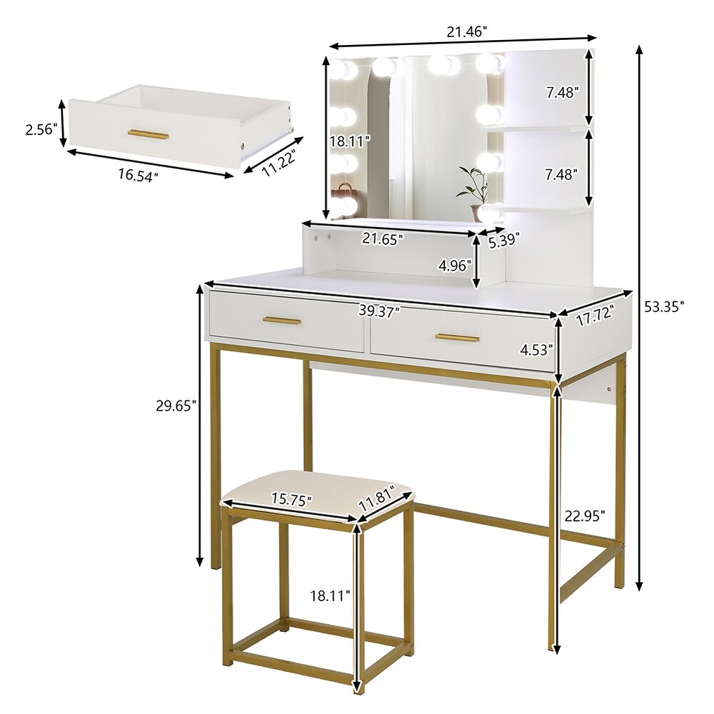 Large Vanity Set with 10 LED Bulbs  Makeup Table with Cushioned Stool