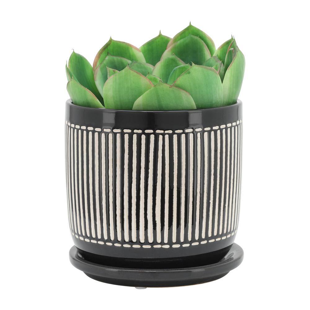 Flynama 5 in. 6 in. Black Stripes Ceramic Planter Stand Plant Pot for OutdoorIndoor Stand (2-Pack) JX-79106868