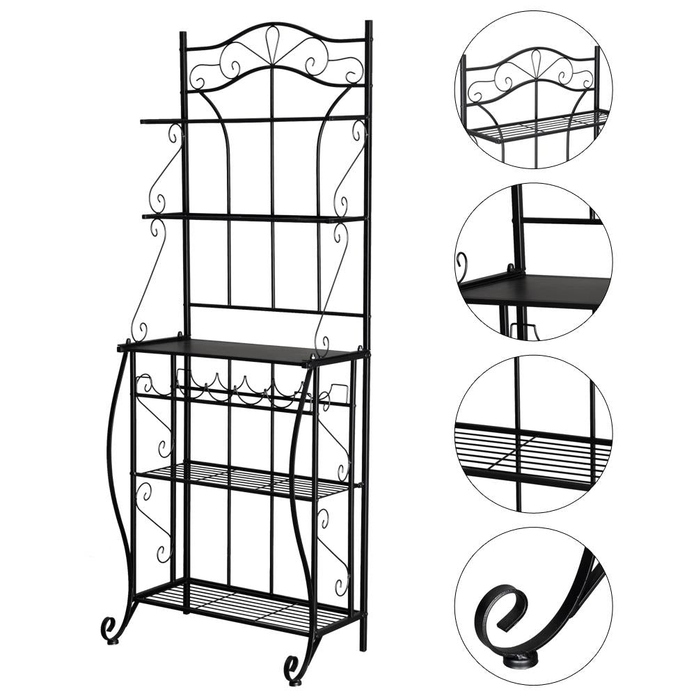 UBesGoo Multifunctional Kitchen Island 6-Tier Baker's Rack Microwave Oven Stand Cart Utility Storage Shelf Organizer with 5-Bottle Wine Rack Holder，Black