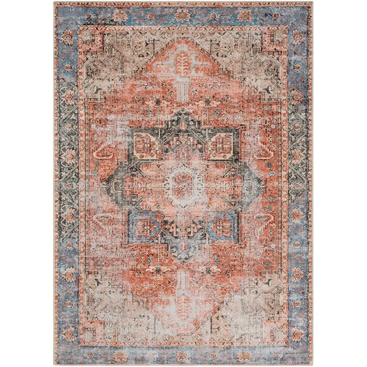 Mya Machine Washable Oriental Brick Red/Light Gray Area Rug