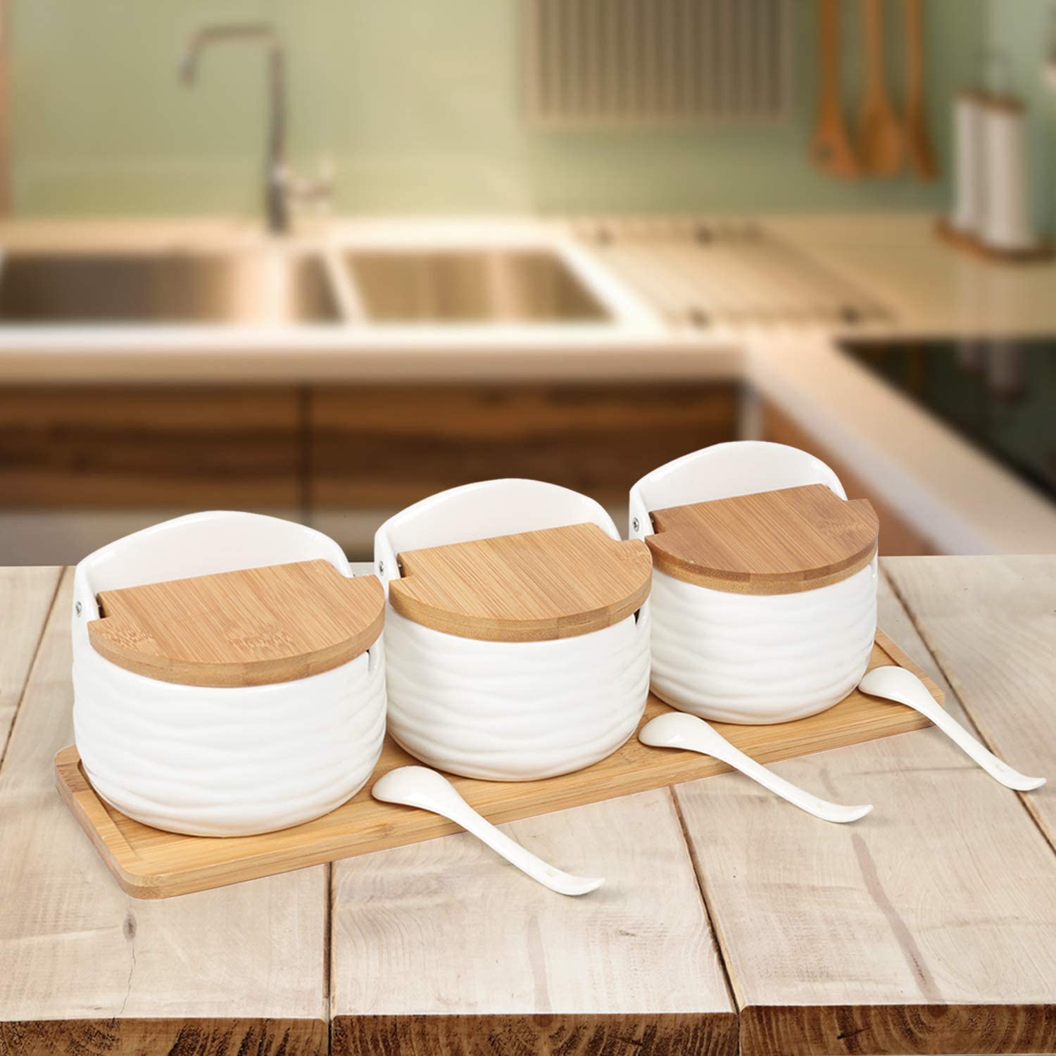 NEX White Ceramic Sugar Bowls， Set of 3 with Bamboo Lids and Spoon