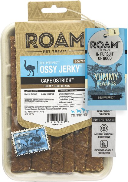 Roam Ossy Jerky Cape Ostrich Dog Treats， 5-oz pouch