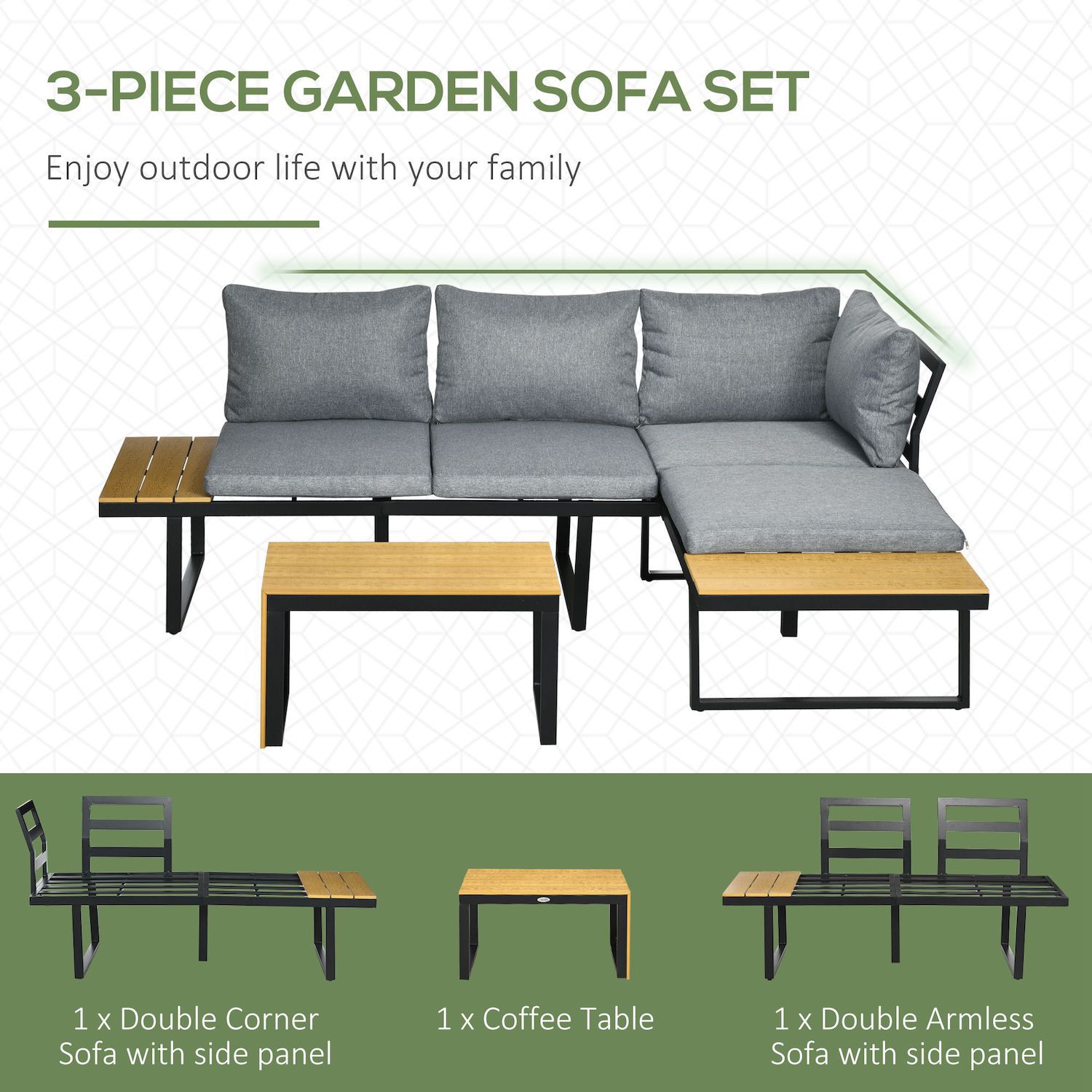 Outsunny 3 Piece Patio Furniture Set， Outdoor Sofa Set with Chaise Lounge and Loveseat， Soft Cushions， Woodgrain Plastic Table， L-Shaped Sectional Couch， Dark Gray