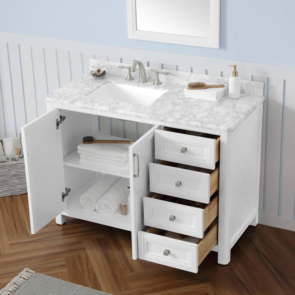 Home Decorators Collection Sandon 48 in. W x 22 in. D x 34.5 in. H Single Sink Bath Vanity in White with White Carrara Marble Top Sandon 48W