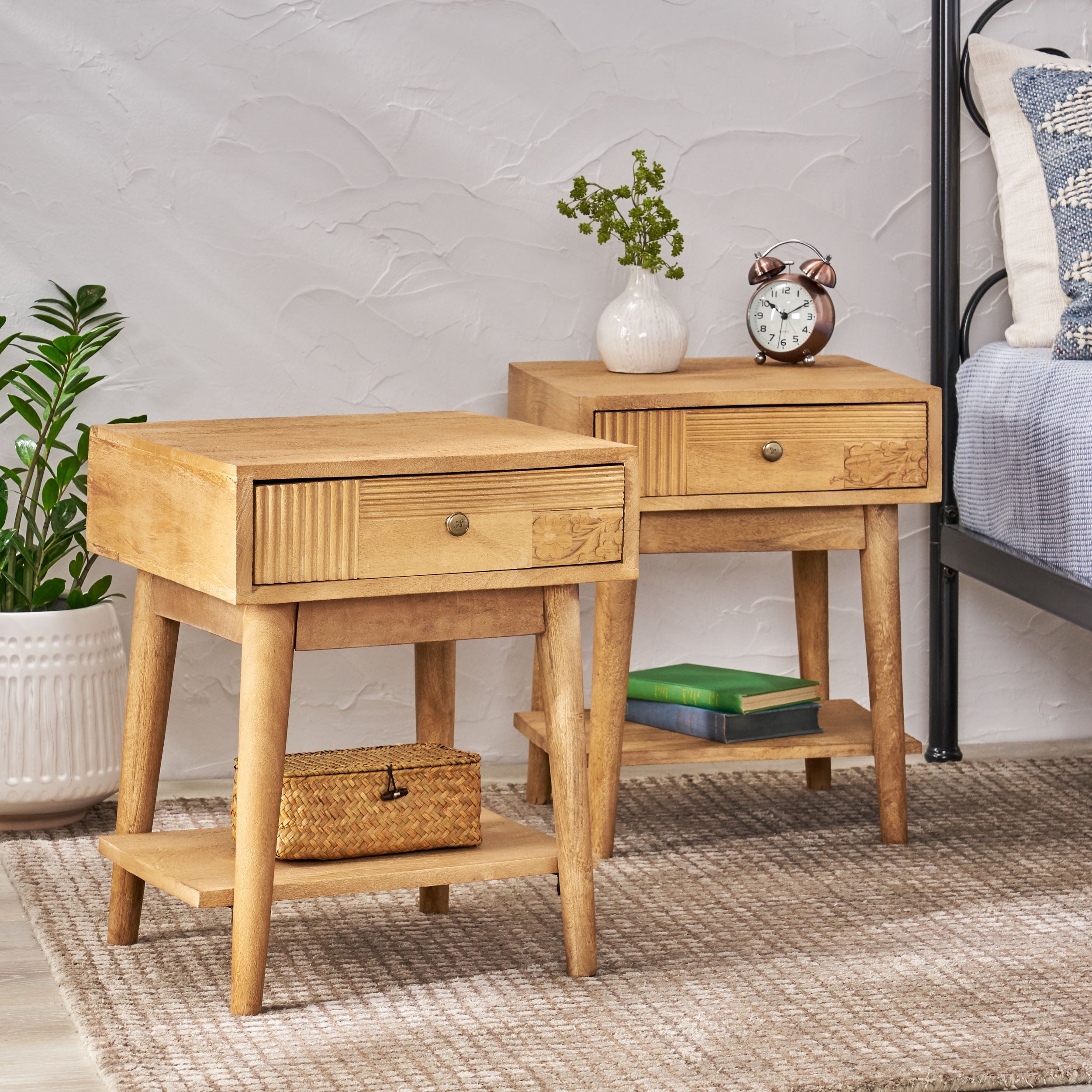 McManus Tennille Boho Handcrafted Mango Wood Nightstand with Drawer, Set of 2, Natural