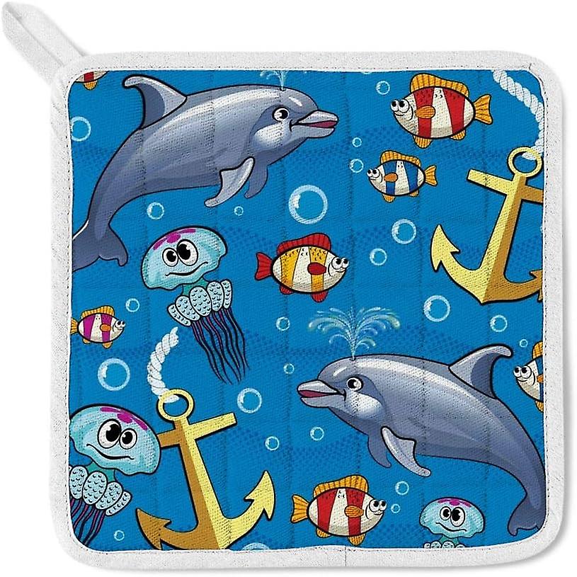 Kitchen Oven Mitts Glove Potholder Apron 3pcs Set Undersea Creatures Dolphins Non Slip Heat Resistant Mitts For Baking Cooking Bbq