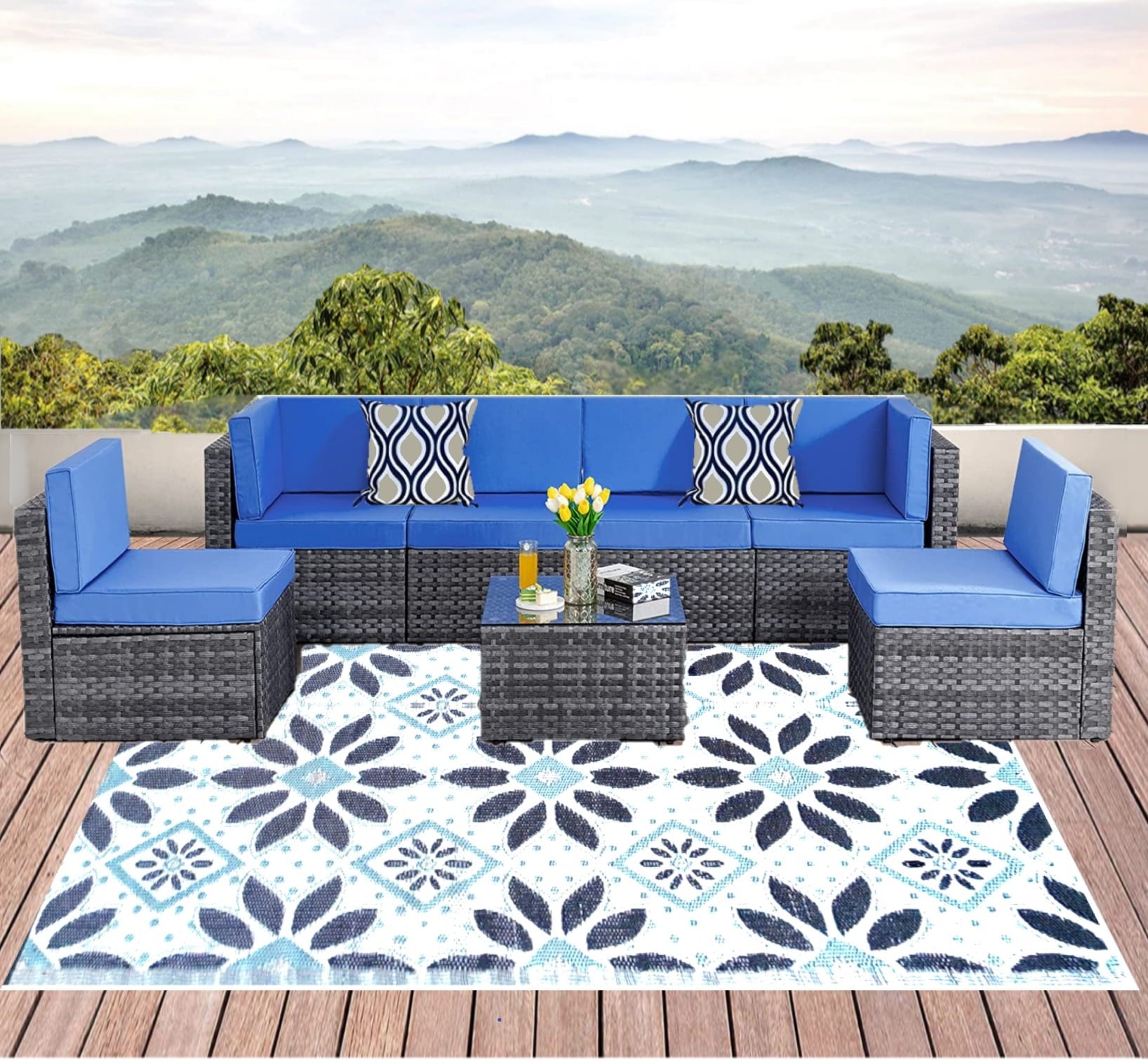 BalajeesUSA Outdoor Rug – 6x9, Sky Blue, Grey, Reversible Recycled Plastic Straw Outdoor Patio Rugs