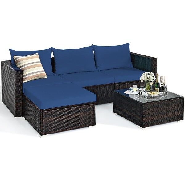 Gymax 5PCS Cushioned Rattan Patio Conversation Set w/ Ottoman Navy