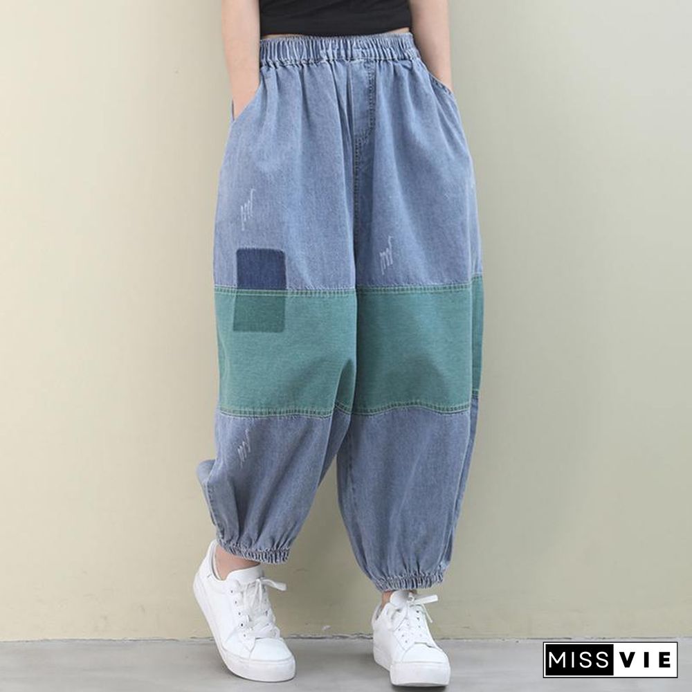 Italian women pants denim blue pattern elastic waist patchwork green trousers