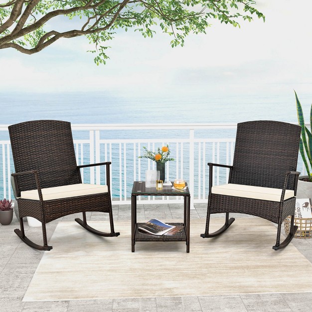 Costway 3 Piece Patio Rocking Set Wicker Rocking Chairs With 2 tier Coffee Table Turquoise off White