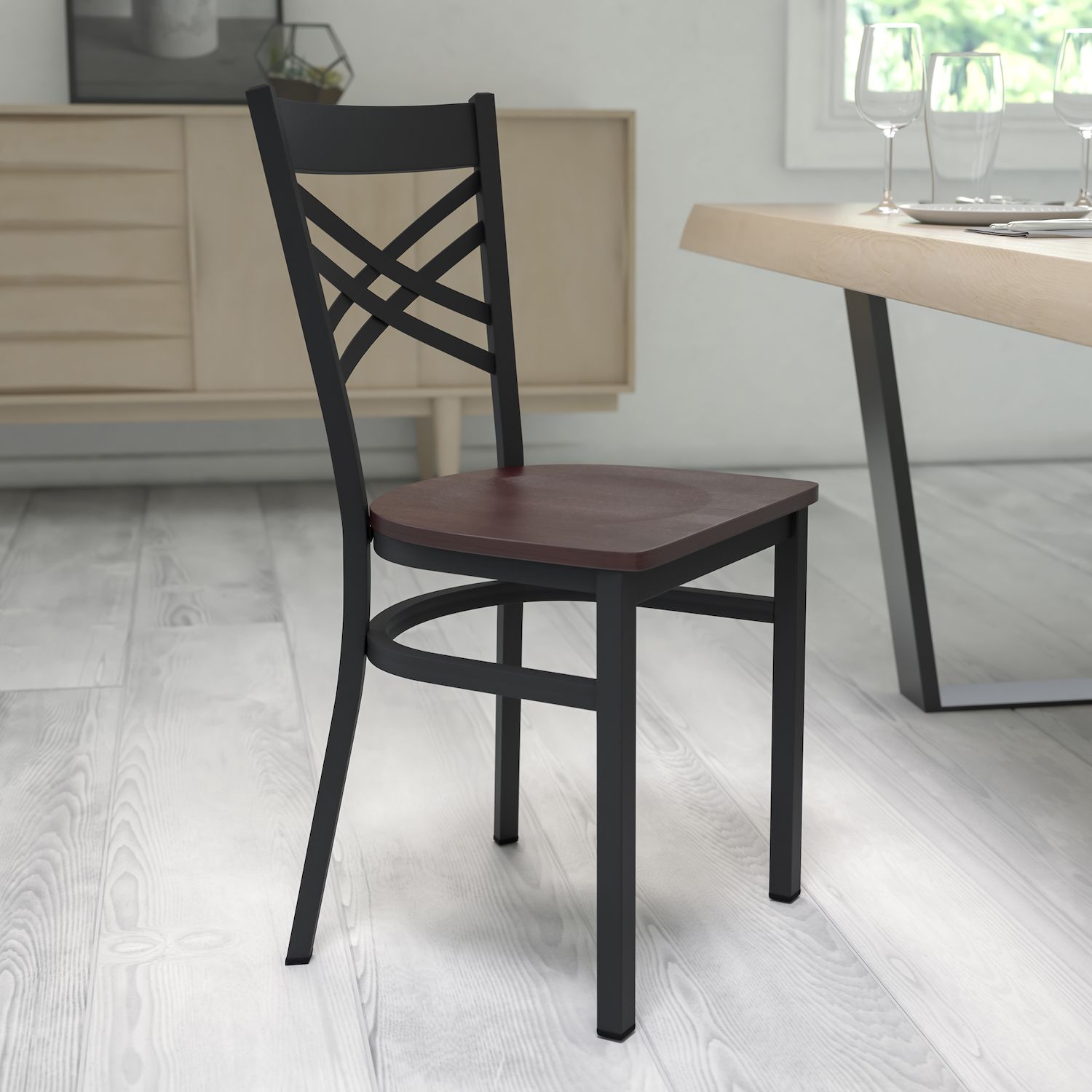 Emma and Oliver Black X Back Metal Restaurant Chair - Natural Wood Seat