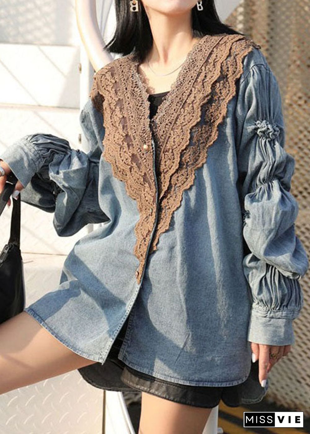 Modern Blue V Neck Wrinkled Lace Patchwork Denim Shirts Coat Spring