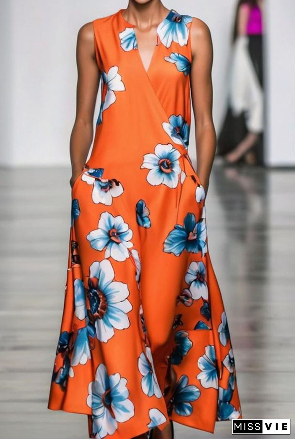 Orange Floral Print Sleeveless Maxi Dress