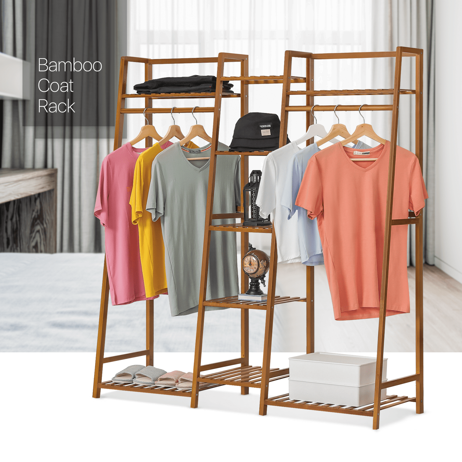 MoNiBloom Bamboo 5 Tiers Trapezoid Coat Rack, Closet Organizer Wardrobe, Hanging Rod, Brown, for Bedroom