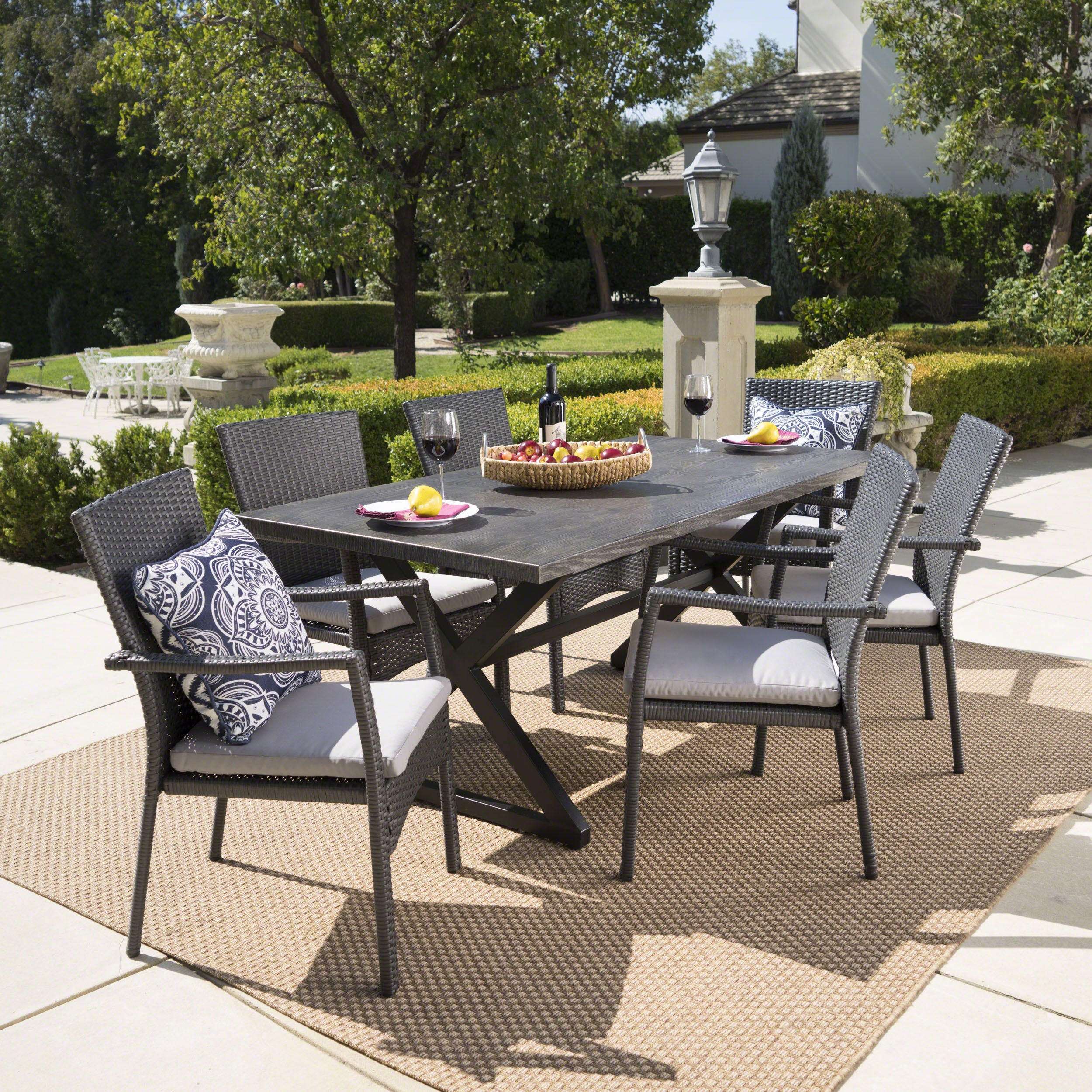 Adelade Outdoor 7 Piece Aluminum Dining Set with Wicker Dining Chairs