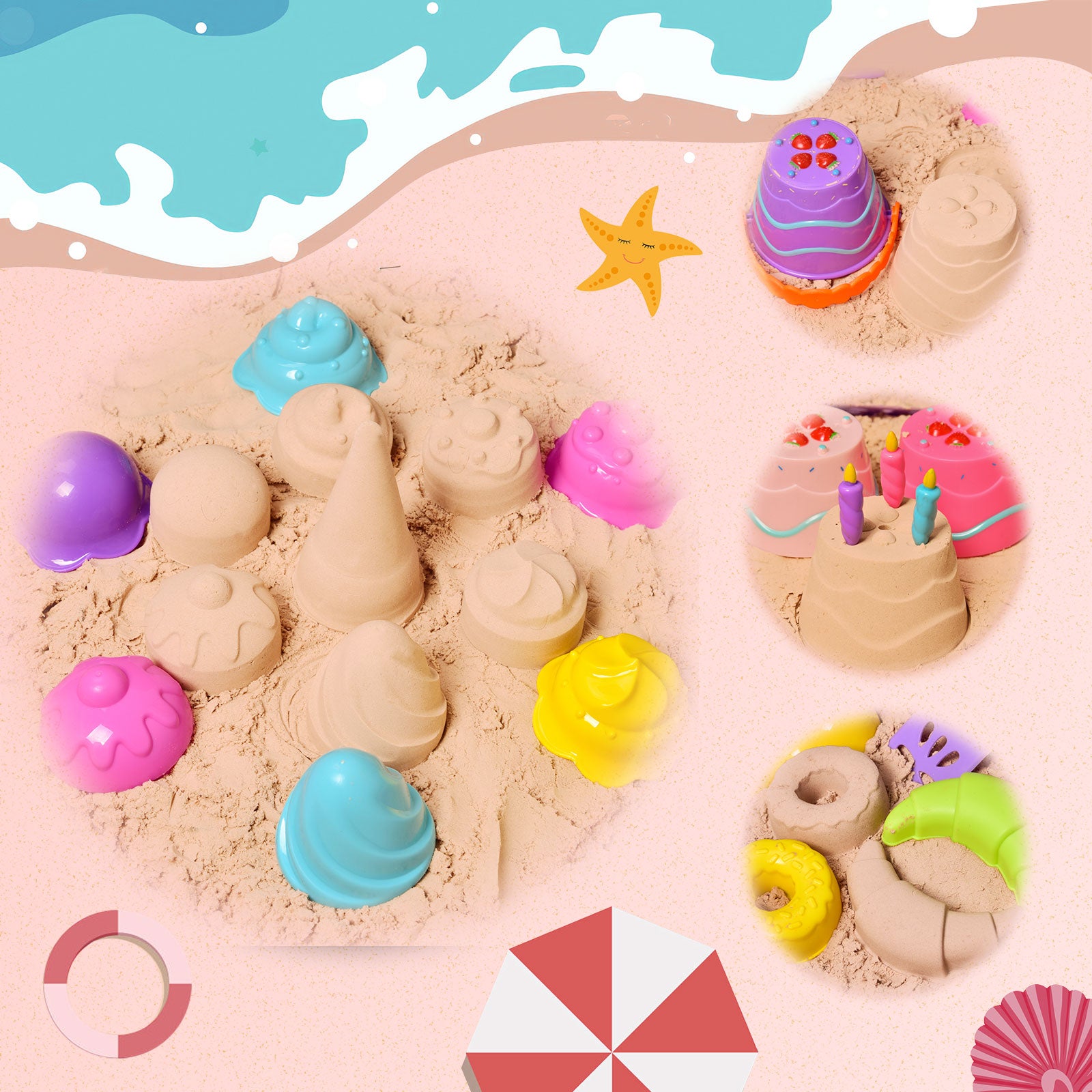 Fun Little Toys 38Pcs Ice Cream Beach Toys Sand Toys Set for Kids, Beach Toys Tools, Sand Shovels, Beach Bucket Birthday Gifts for Girls,Toddlers