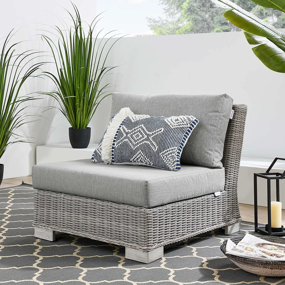 Outdoor Lounge Chair  Light Gray Wicker Frame With Armless Cushioned Seat   Tropical   Outdoor Lounge Chairs   by Decor Love  Houzz