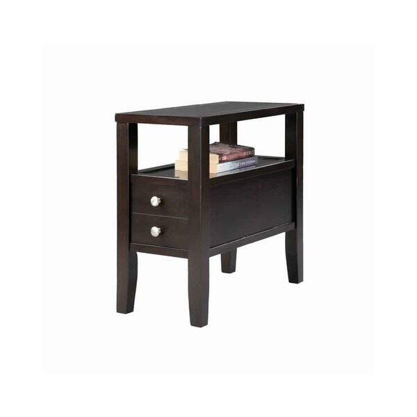 Wooden End Table with Upper Shelf and 2 Drawers， Dark Brown