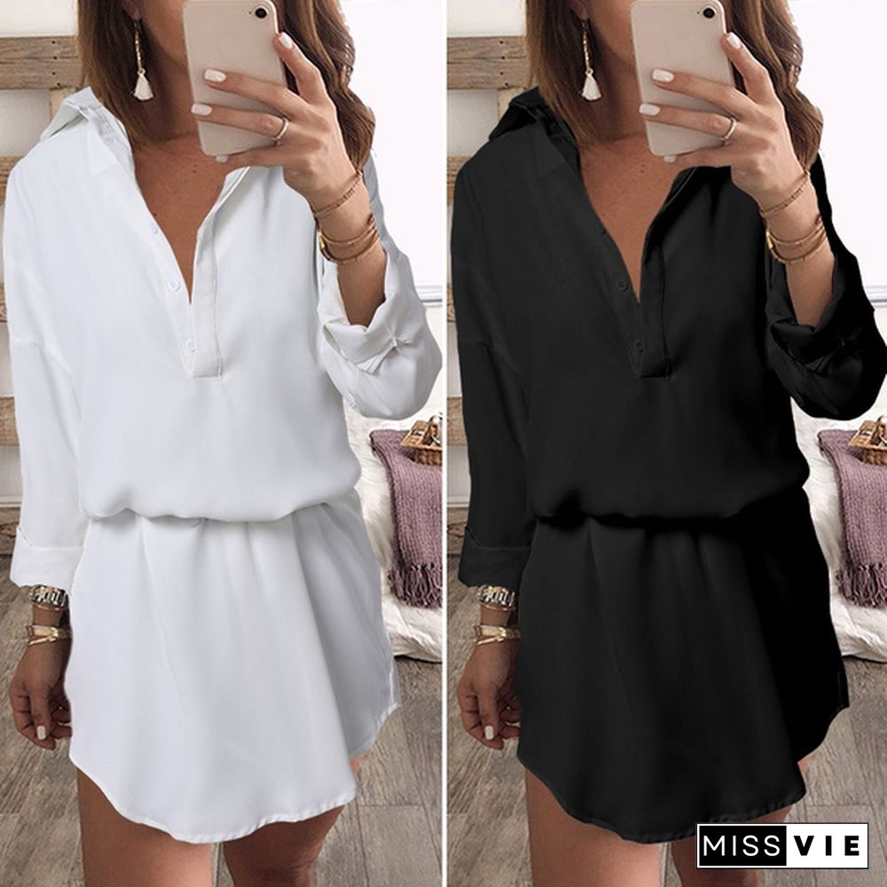 Women Casual Loose Mini Shirt Dress Long Sleeve Lapel Button Up Elegant Office Party Short Dress Plus Size