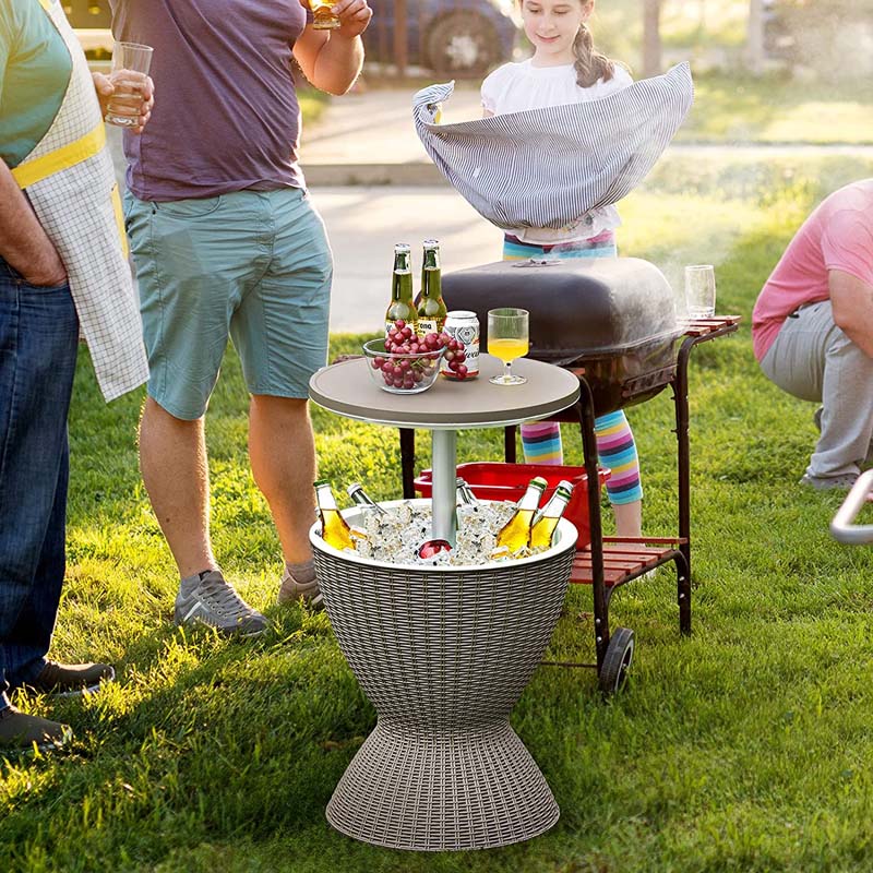 3-in-1 Rattan Outdoor Patio Bar Side Table with Ice Bucket, 8 Gallon Ice Cooler Wine Cocktail Table for Deck Pool Party