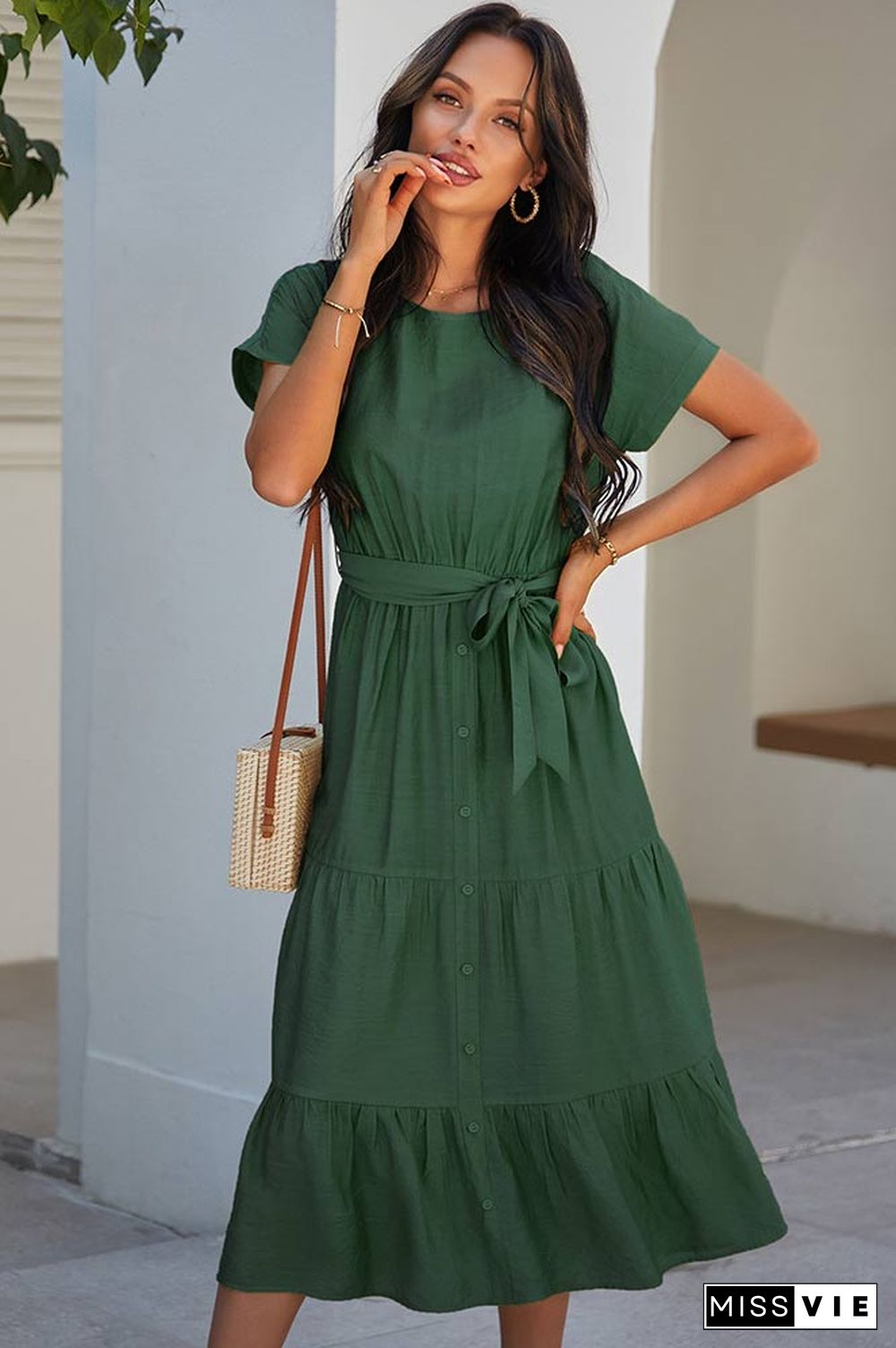 Simple Solid Color Cotton Short Sleeve A-Line Dress