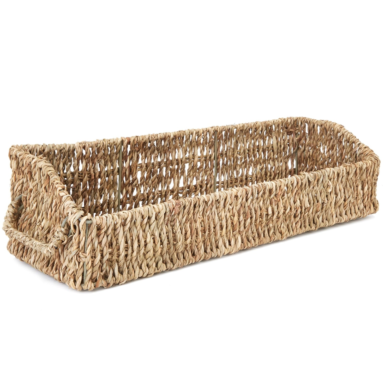 Set of 3 Wicker Round Storage Baskets for Shelves with Rectangular Seagrass Tray, Brown