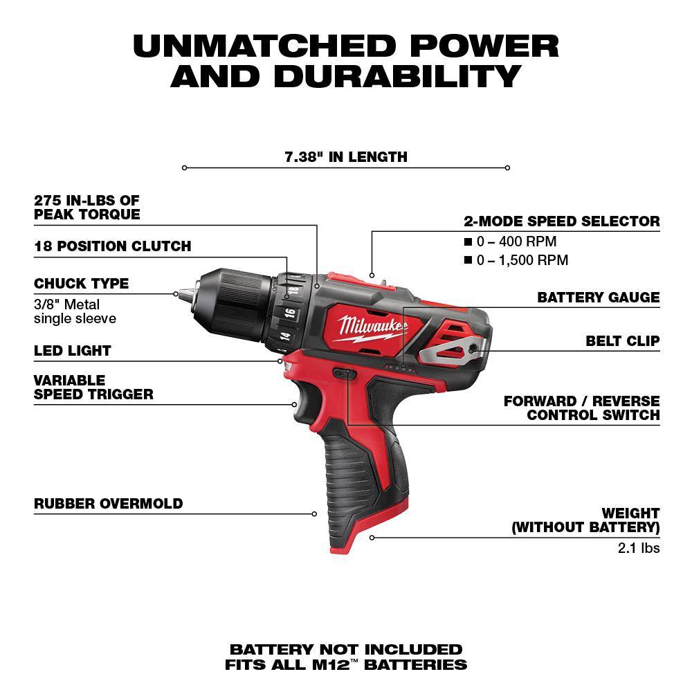 MW M12 12V Lithium-Ion Cordless 38 in. DrillDriver (Tool-Only) 2407-20