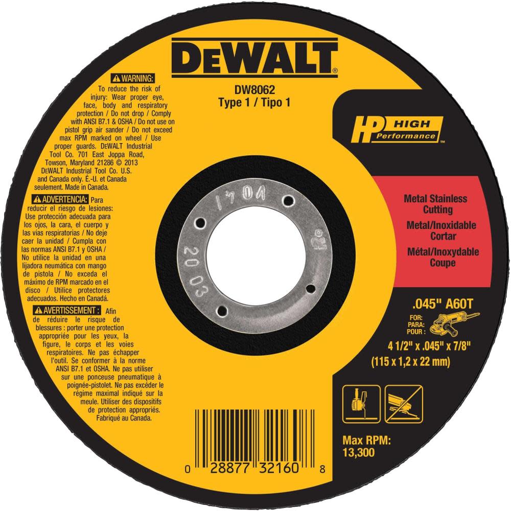 DEWALT Cutting Wheel 4 1/2 X .045 X 7/8  HP T1