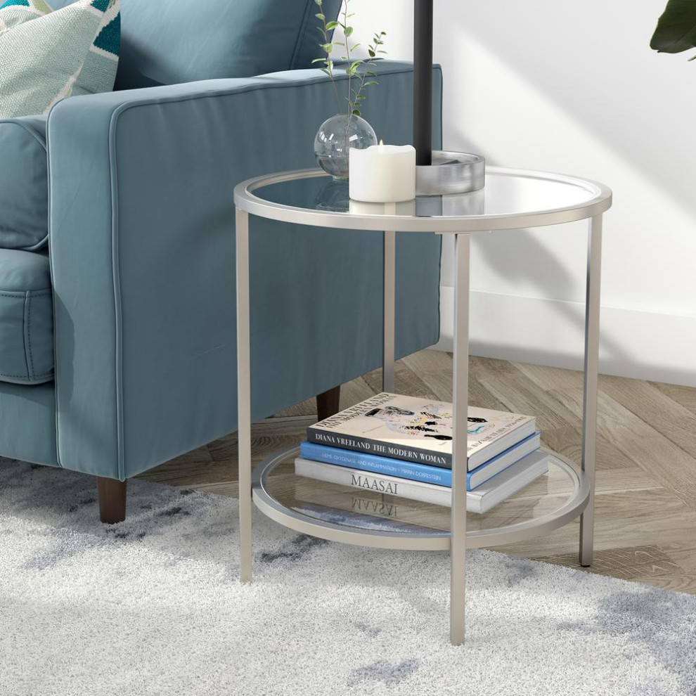 Sivil 20  x27 x27Wide Round Side Table with Glass Shelf in Satin Nickel   Contemporary   Accent Chests And Cabinets   by BisonOffice  Houzz