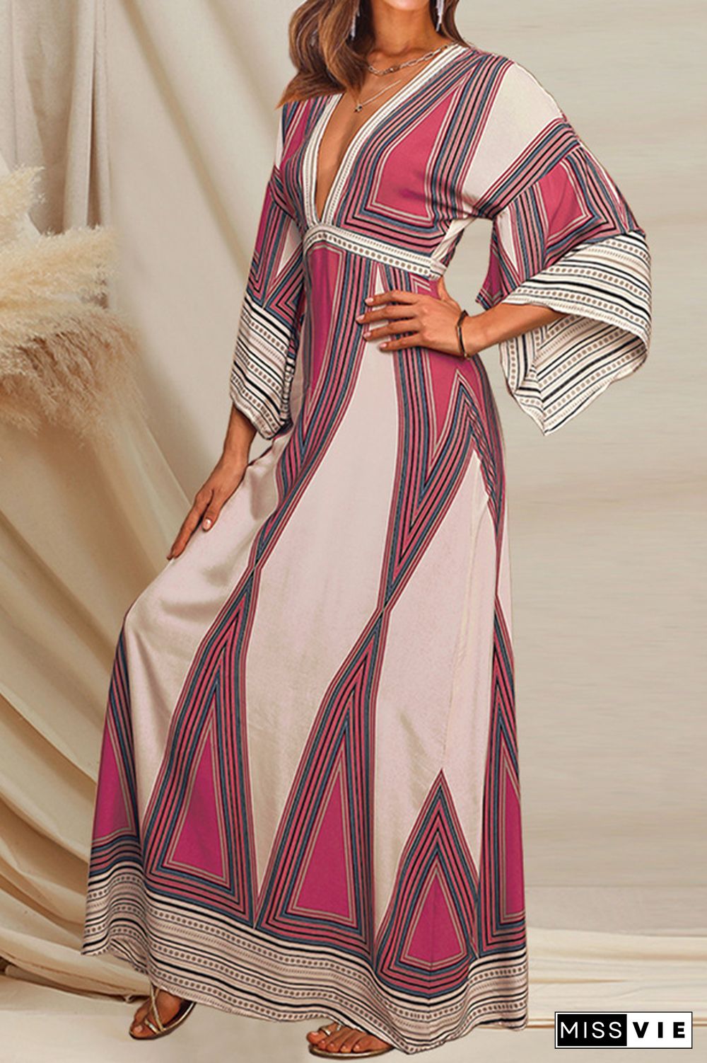 Deep V Neck Geometric Patterns Long Dress Wholesale