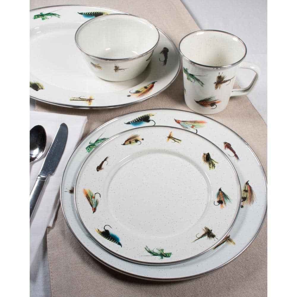 Golden Rabbit Fishing Fly 10.5 in. Enamelware Round Dinner Plates (Set of 4) FF07S4