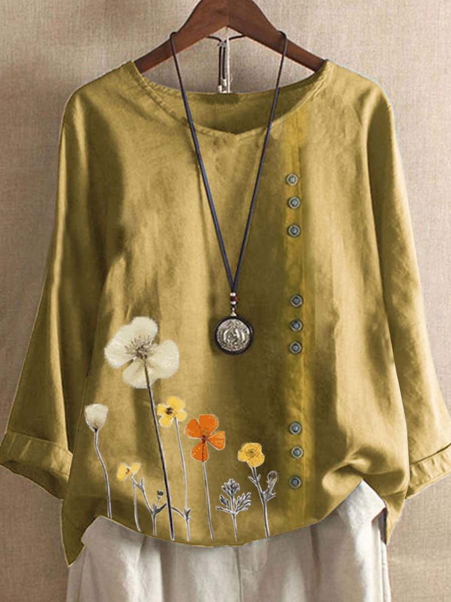 Floral Print Round Neck Cotton And Linen Long Sleeve Blouse