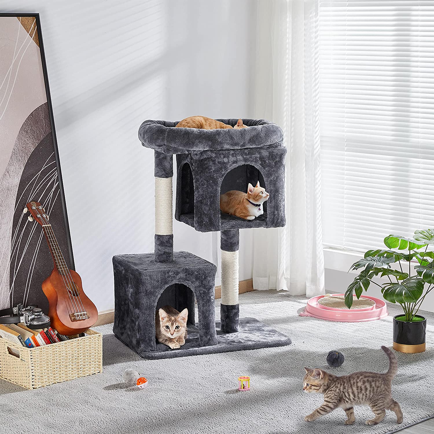 33.5in Cat Tree Tower for Indoor Cats w/2 Cozy Plush Condos, Oversized Perch & Sisal Scratching Posts, Stable Cat Stand House for Large Cats & Pets