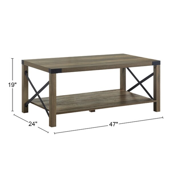 1 Open Shelf Wood Coffee Table with X Metal Base in Rustic Oak and Black