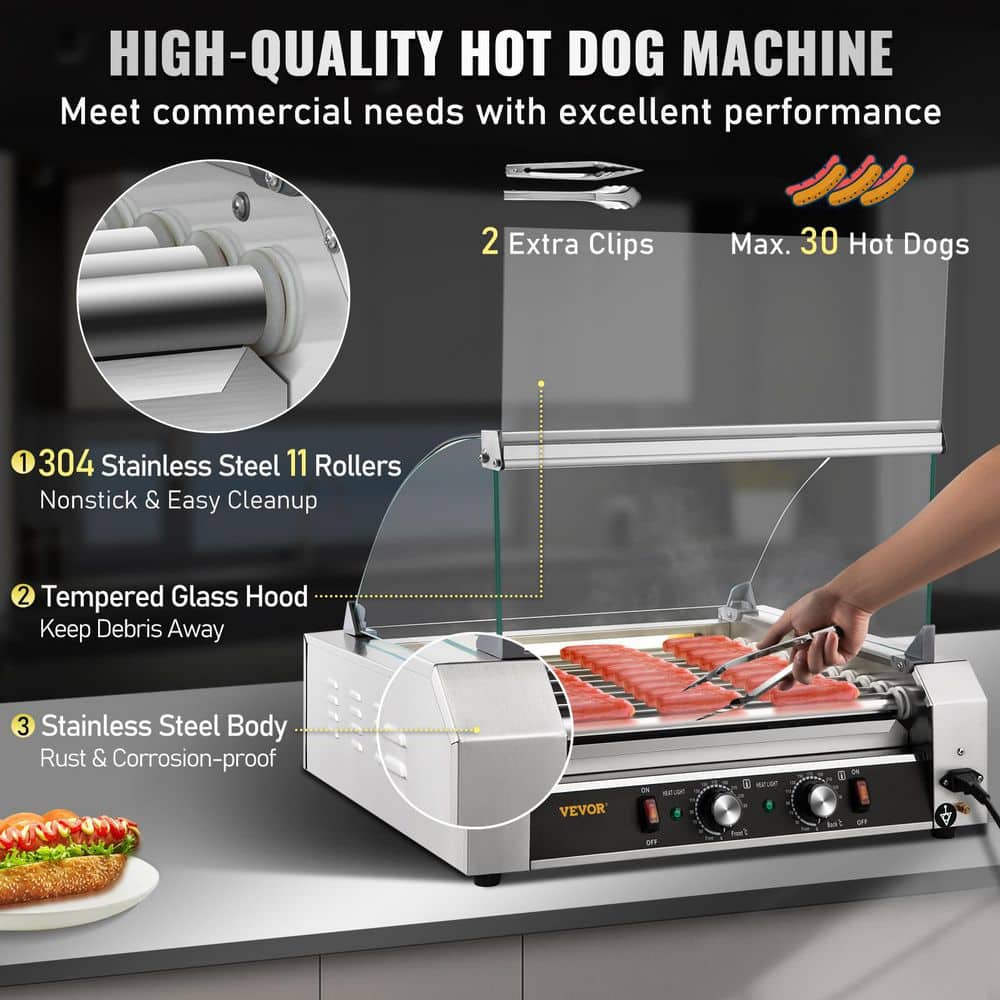 VEVOR Hot Dog Roller 30 Hot Dog Capacity 11 Rollers 1800W Stainless Steel Cook Warmer Machine with Cover Indoor Grills, Silver GYGRGJMC1123XBWL9V1