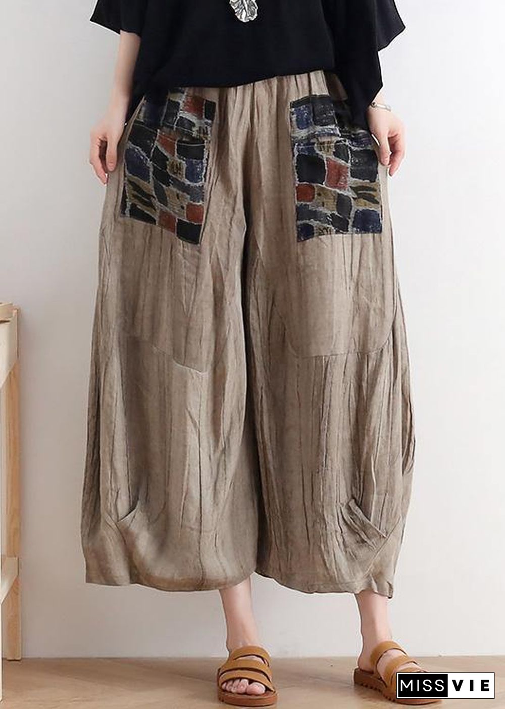 summer original design linen nude patch retro wide-leg pants