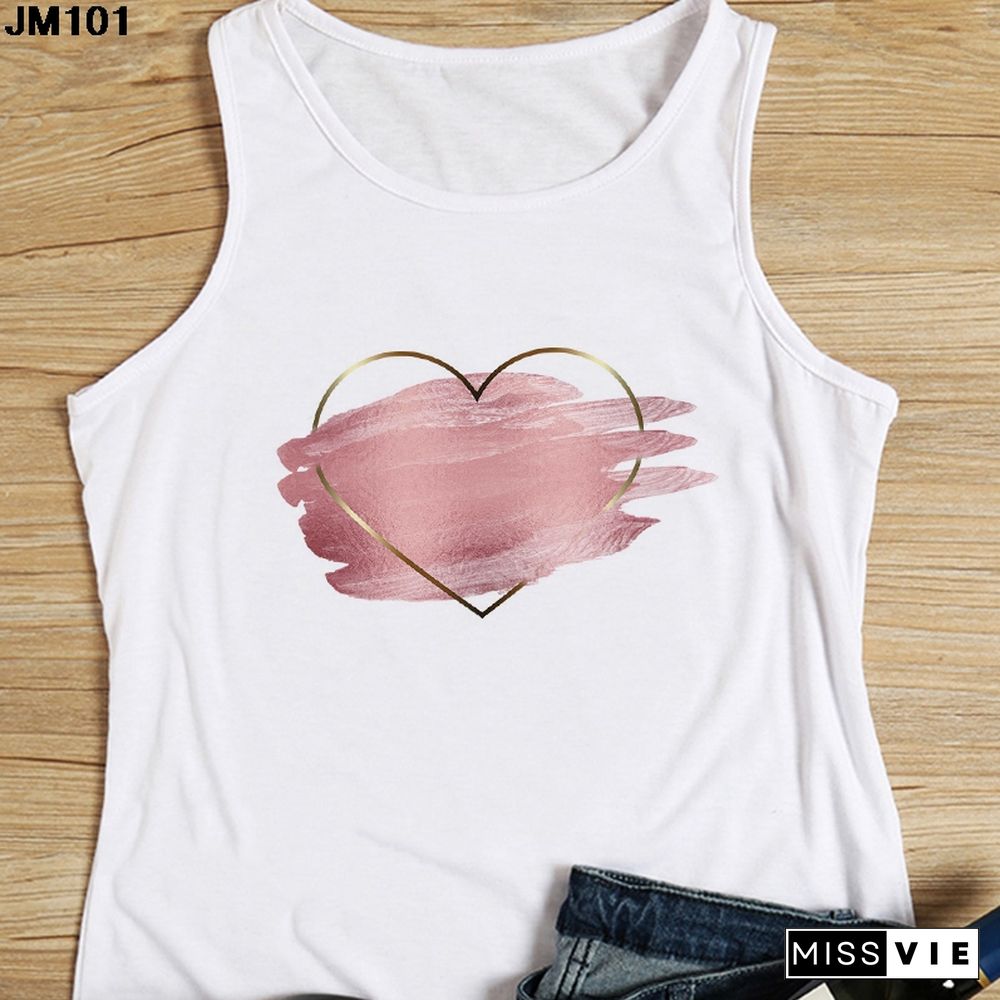 Heart Flower Printed Ladies Camisole Harajuku Casual White Vest Summer Womens Love Graphic Tank Tops Fashion Sleeveless T Shirt