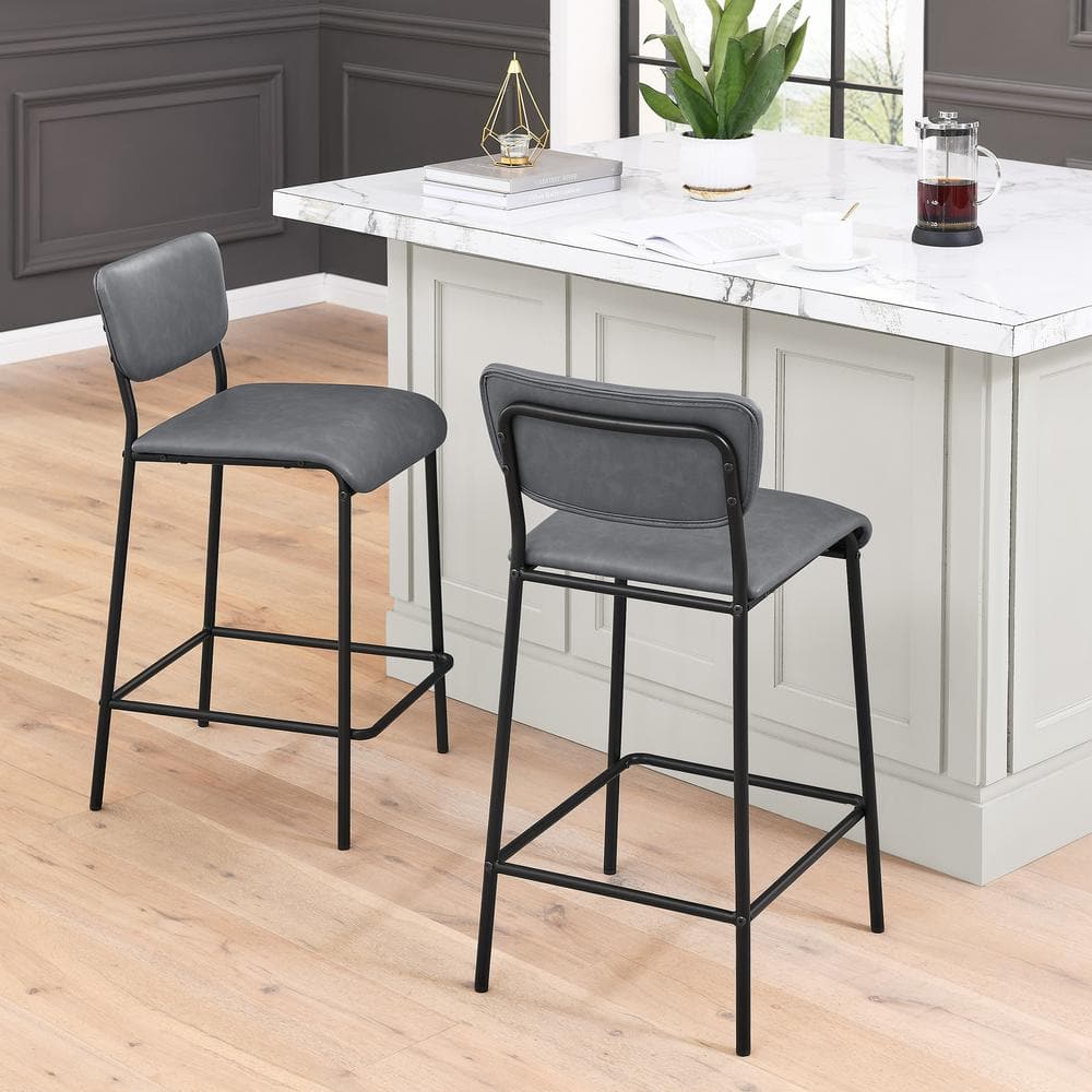 34.5 in. Gray Low Back Metal Bar Stools, Dining Chair Counter Stools with Footrest and Faux Leather Seat (Set of 2) HY02012Y