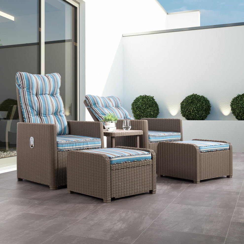 Lake Front Beige/Blue Striped Rattan Patio Recliner  Ottoman Set  5pc   Tropical   Outdoor Lounge Sets   by CorLiving Distribution LLC  Houzz