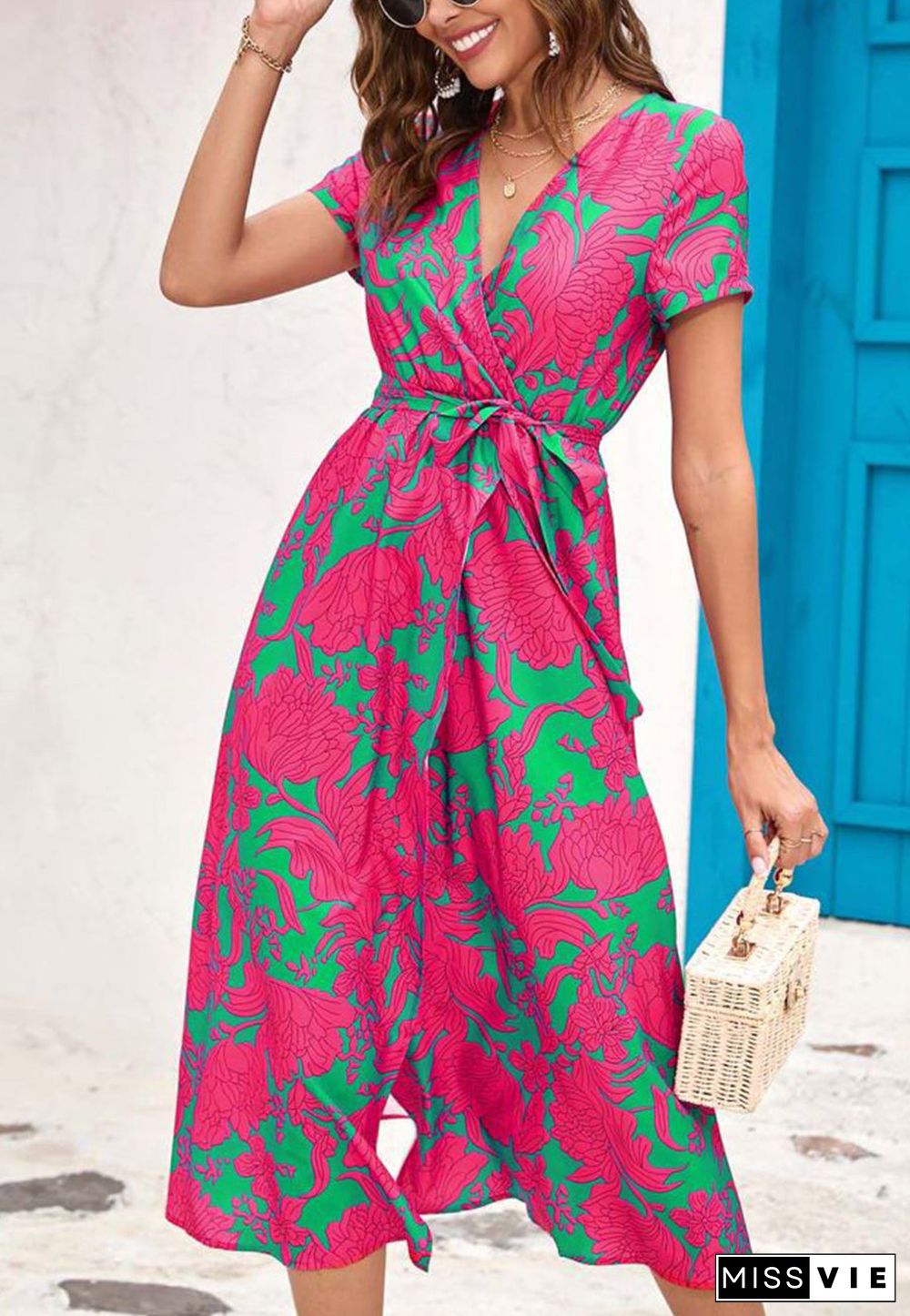 Printed Surplice Neck Midi Dress