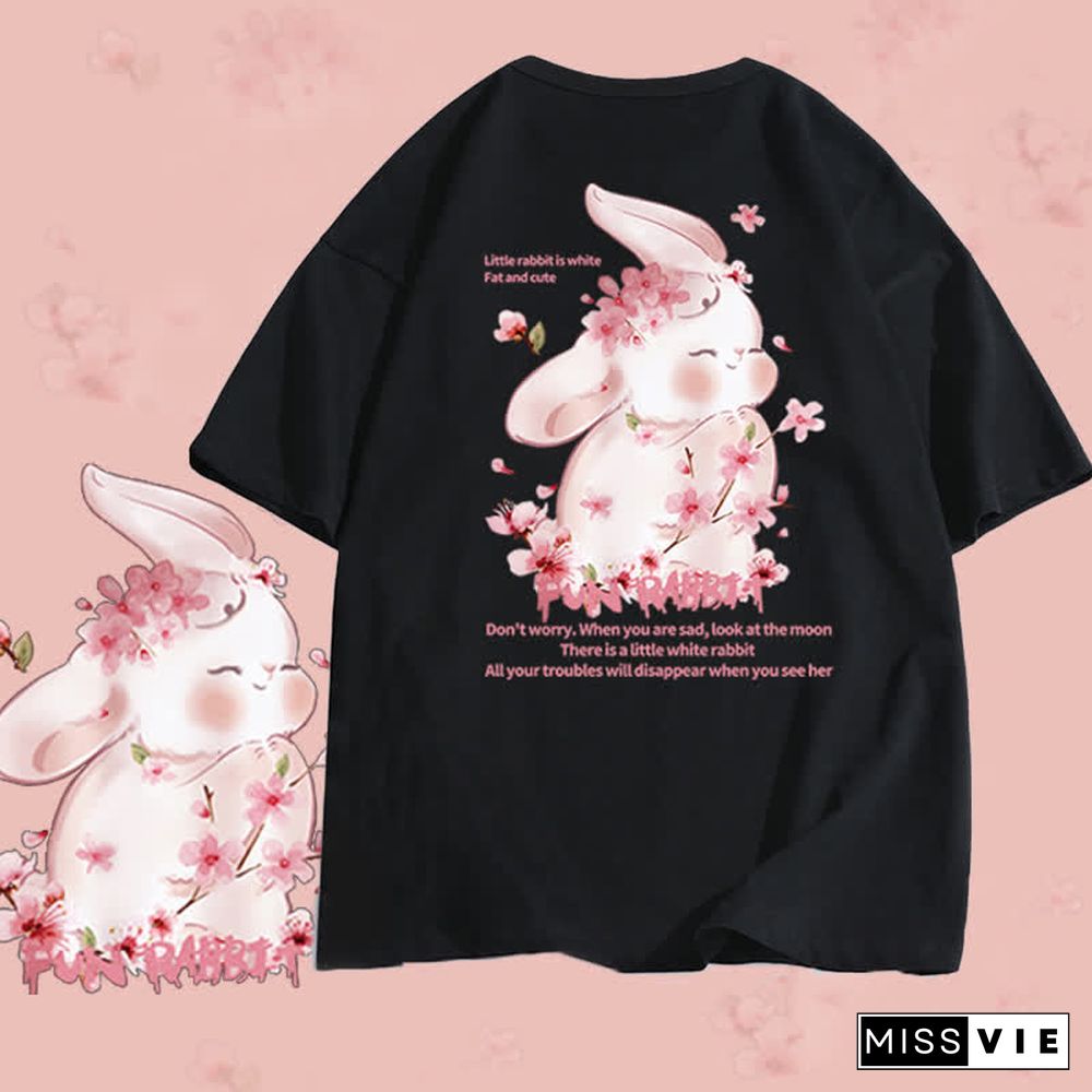 Cartoon Sakura Bunny Letter Print Round Collar T-Shirt